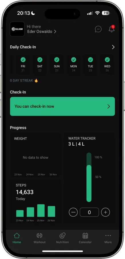 Pantalla de inicio de la app FULLROM con el check-in diario
